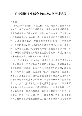 在专题民主生活会上的总结点评讲话稿