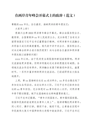 在两岸青年峰会开幕式上的致辞（范文）