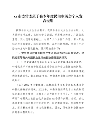 市委常委班子在本年度民主生活会个人发言提纲