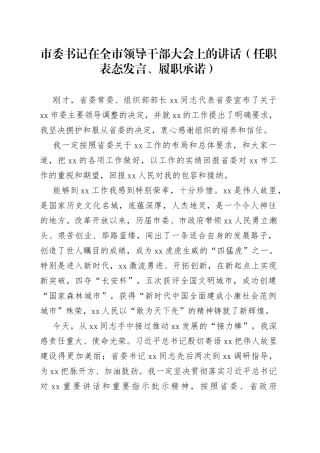 市委书记在全市领导干部大会上的讲话（任职表态发言、履职承诺）