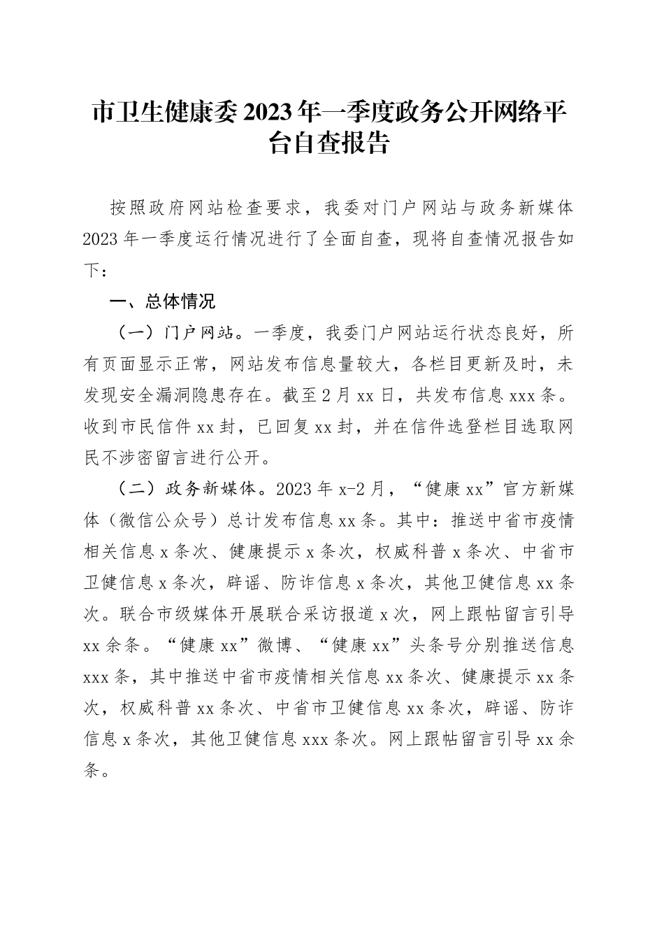市卫生健康委2023年一季度政务公开网络平台自查报告（20230303）_第1页