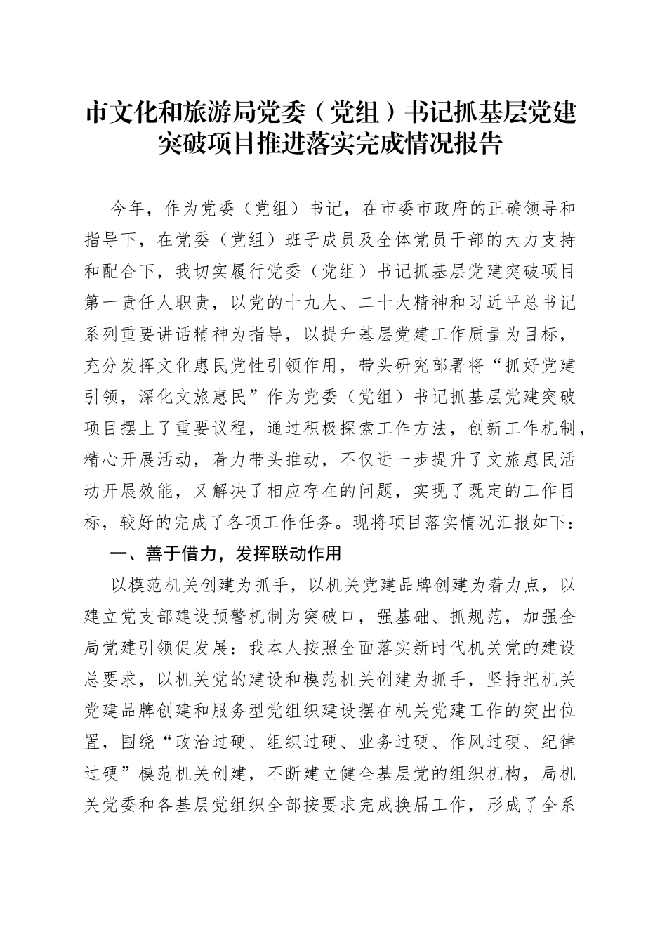 市文化和旅游局党委（党组）书记抓基层党建突破项目推进落实完成情况报告_第1页