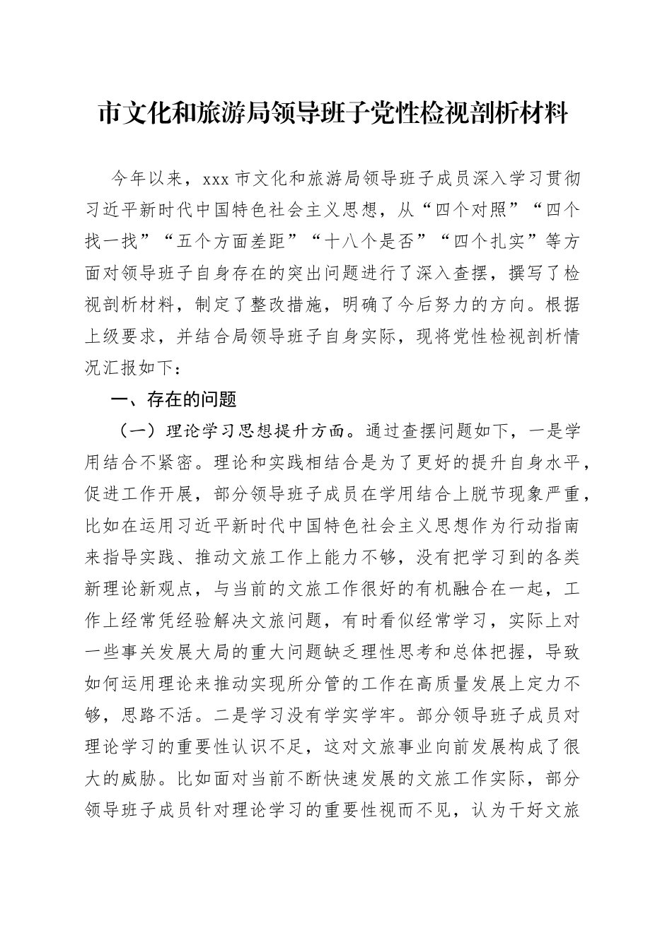 市文化和旅游局领导班子党性检视剖析材料_第1页