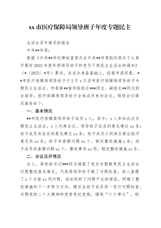 市医疗保障局领导班子年度专题民主生活会召开情况的报告