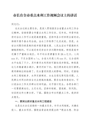 市长在全市重点水利工作视频会议上的讲话