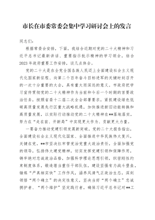 市长在市委常委会集中学习研讨会上的发言