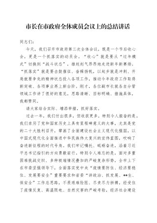 市长在市政府全体成员会议上的总结讲话