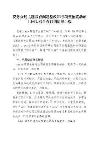 税务分局主题教育问题整改和专项整治联动项目回头看自查自纠情况汇报