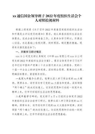 通信国企领导班子2022年度组织生活会个人对照检视材料