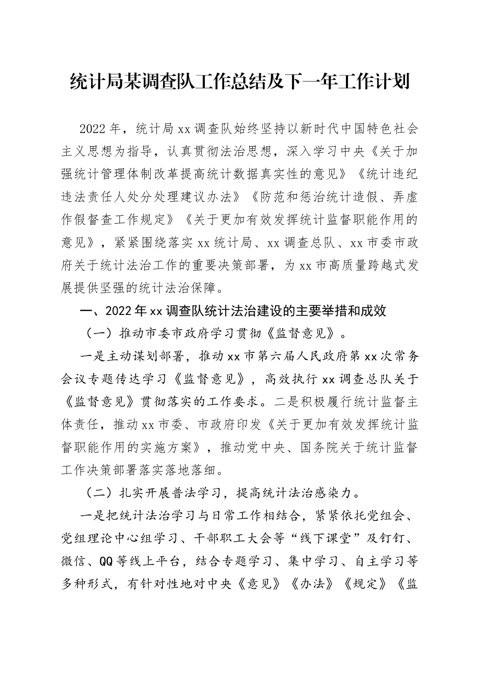 统计局某调查队工作总结及下一年工作计划_第1页