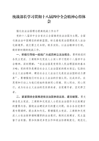 统战部长学习贯彻十八届四中全会精神心得体会