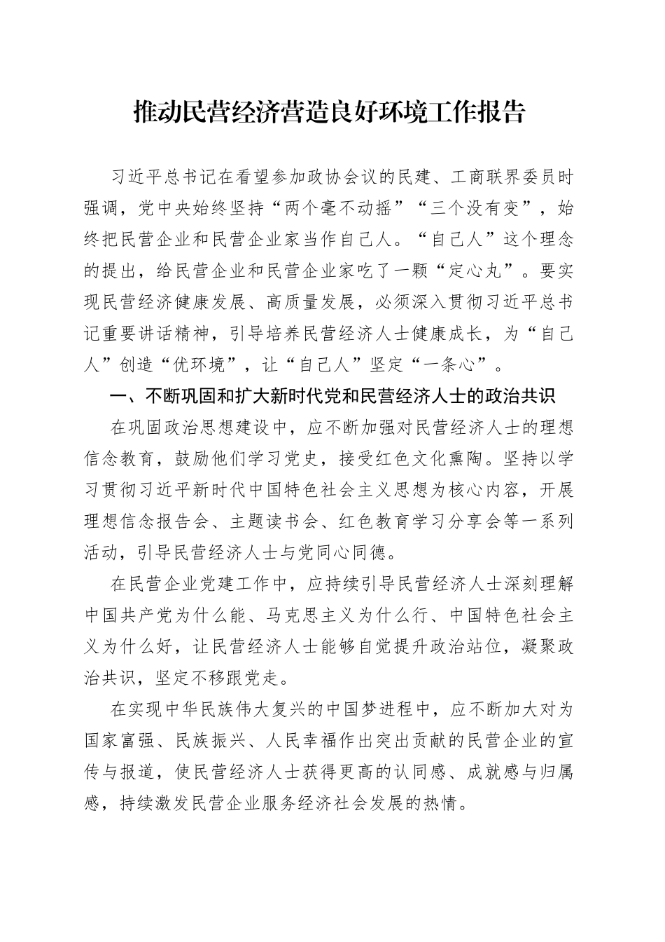推动民营经济营造良好环境工作报告_第1页