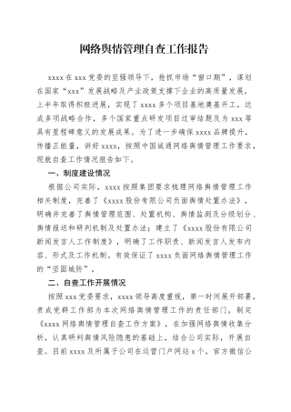 网络舆情管理自查工作报告（集团公司）
