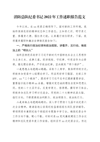 消防总队纪委书记2022年工作述职报告