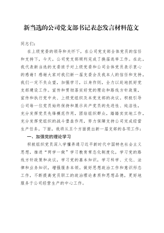 新当选公司党支部书记表态发言材料