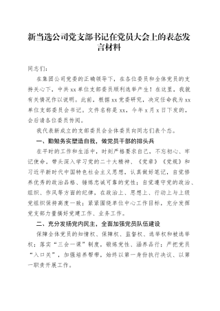 新当选公司党支部书记在党员大会上的表态发言材料