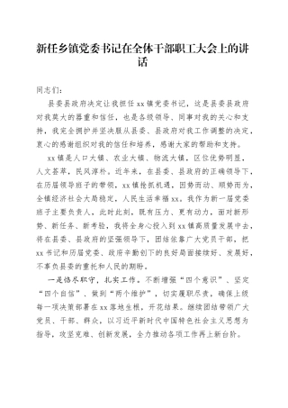 新任乡镇党委书记在全体干部职工大会上的讲话