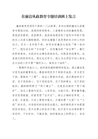 在廉洁从政教育专题培训班上发言