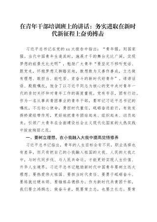 在青年干部培训班上的讲话：务实进取在新时代新征程上奋勇搏击