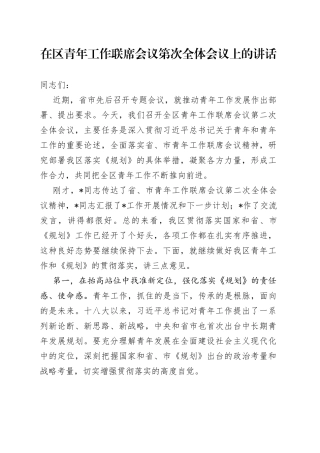 在区青年工作联席会议第次全体会议上的讲话