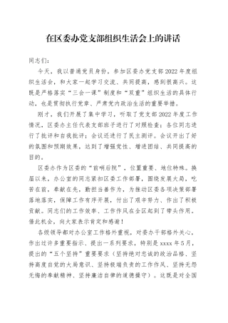 在区委办党支部组织生活会上的讲话