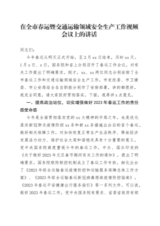 在全市春运暨交通运输领域安全生产工作视频会议上的讲话