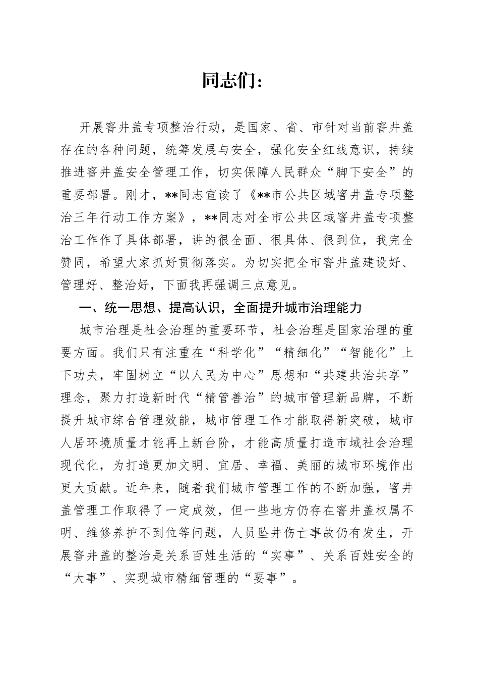 在全市公共区域窨井盖专项整治工作动员会议上的讲话_第1页