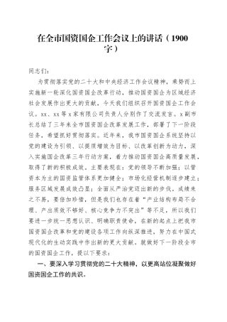 在全市国资国企工作会议上的讲话（1900字）