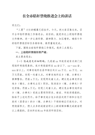 在全市秸秆禁烧推进会上的讲话
