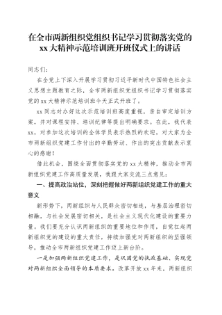 在全市两新组织党组织书记学习贯彻落实党的XX大精神示范培训班开班仪式上的讲话