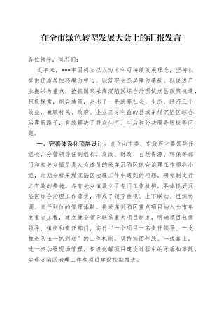 在全市绿色转型发展大会上的汇报发言