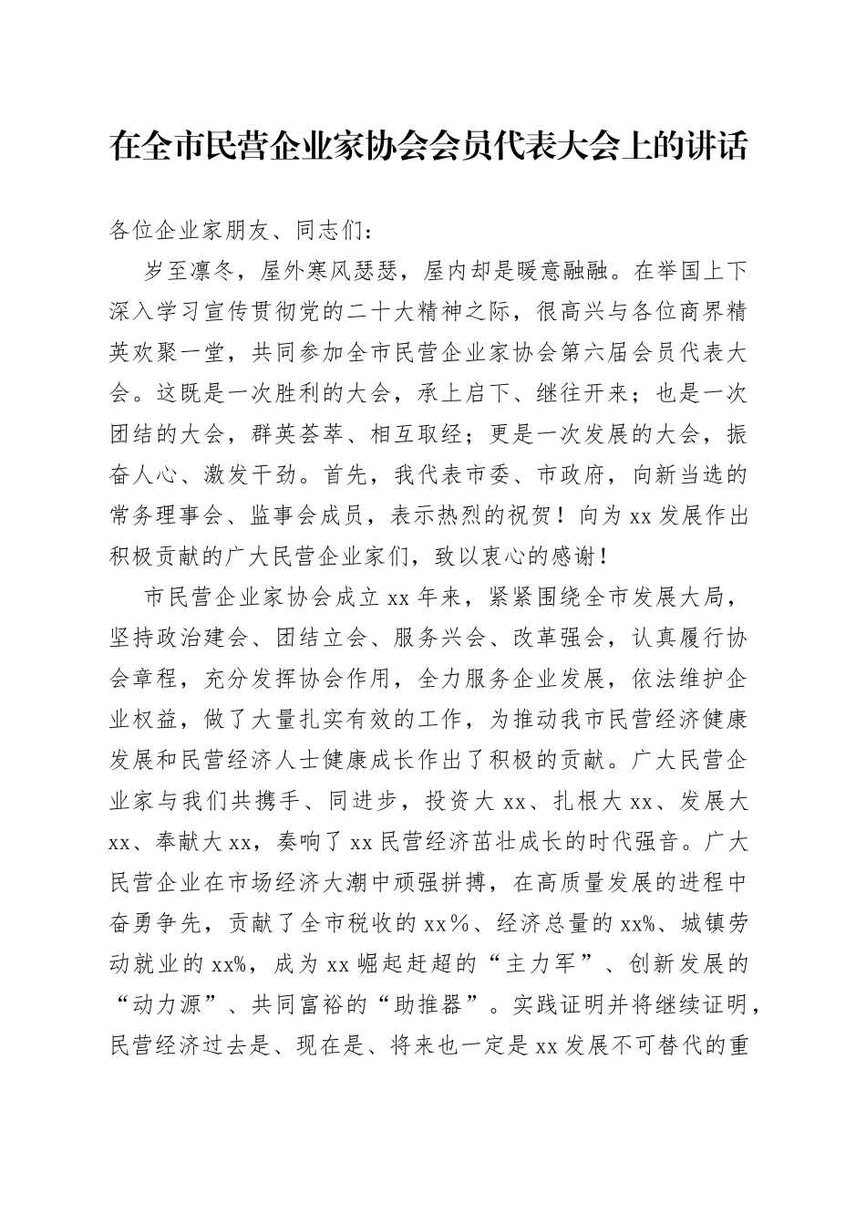 在全市民营企业家协会会员代表大会上的讲话_第1页
