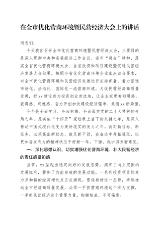 在全市优化营商环境暨民营经济大会上的讲话