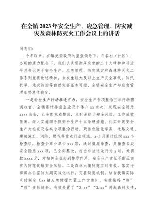 在全镇2023年安全生产、应急管理、防灾减灾及森林防灭火工作会议上的讲话