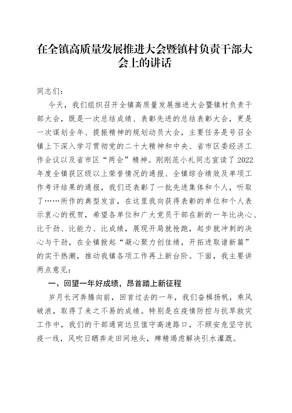 在全镇高质量发展推进大会暨镇村负责干部大会上的讲话_第1页