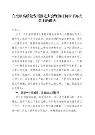在全镇高质量发展推进大会暨镇村负责干部大会上的讲话