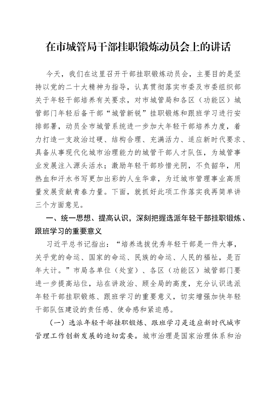 在市城管局干部挂职锻炼动员会上的讲话_第1页