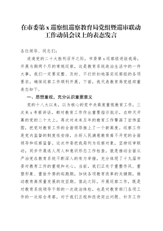 在市委第X巡察组巡察教育局党组暨巡审联动工作动员会议上的表态发言