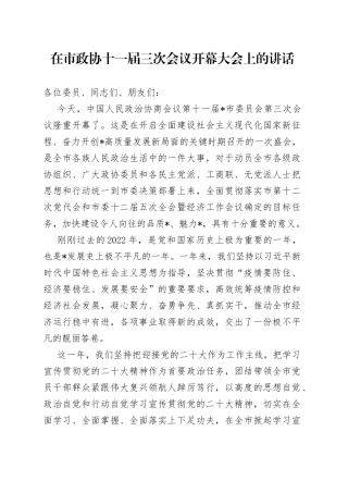 在市政协十一届三次会议开幕大会上的讲话