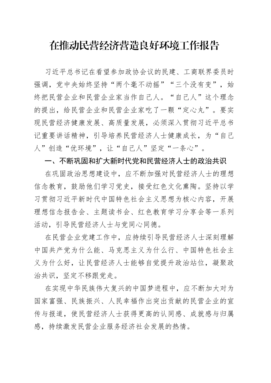在推动民营经济营造良好环境工作报告_第1页