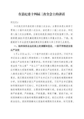 在县纪委十四届三次全会上的讲话