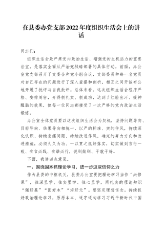 在县委办党支部2022年度组织生活会上的讲话