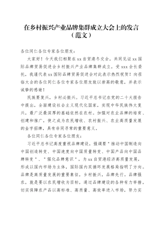 在乡村振兴产业品牌集群成立大会上的发言（范文）