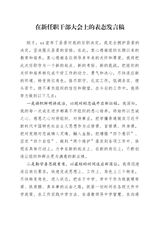在新任职干部大会上的表态发言稿