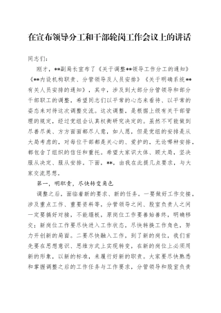 在宣布领导分工和干部轮岗工作会议上的讲话