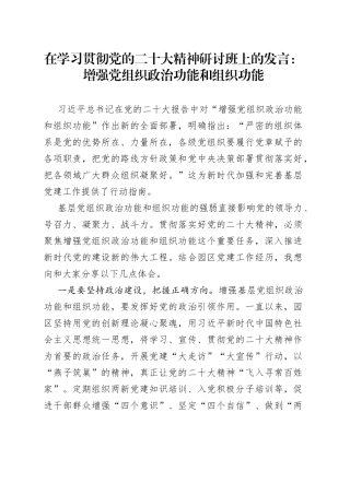 在学习贯彻党的二十大精神研讨班上的发言：增强党组织政治功能和组织功能