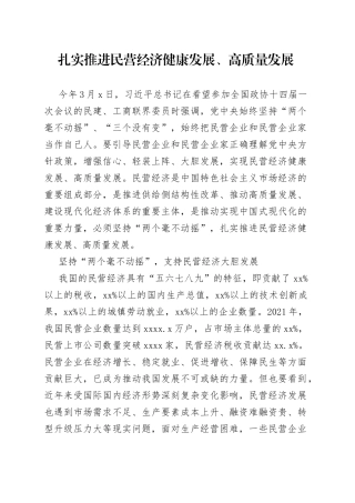 扎实推进民营经济健康发展、高质量发展