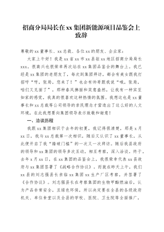 招商分局局长在xx集团新能源项目品鉴会上致辞