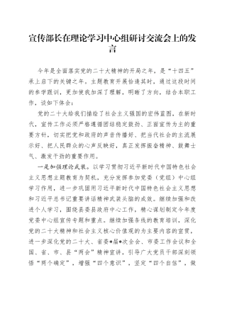 宣传部长在理论学习中心组研讨交流会上的发言