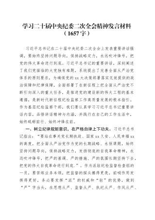学习二十届中央纪委二次全会精神发言材料